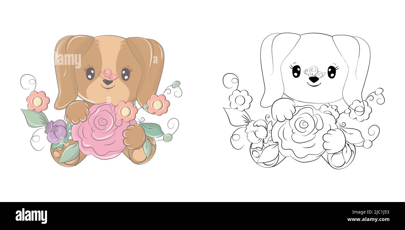 Puppy Clipart per colorare pagina e multicolore Illustrazione. Baby clip Art Dog con bouquet di fiori grandi. Illustrazione di un animale per colorare le pagine Illustrazione Vettoriale