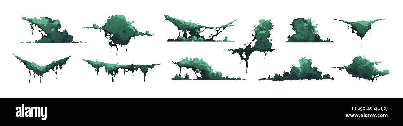 Muschio delle paludi. Cartoon verde rock lichen e fungo gioco asset, sprite modello grafico isolato su bianco. Set di piante e flora di torbare vettoriale Illustrazione Vettoriale