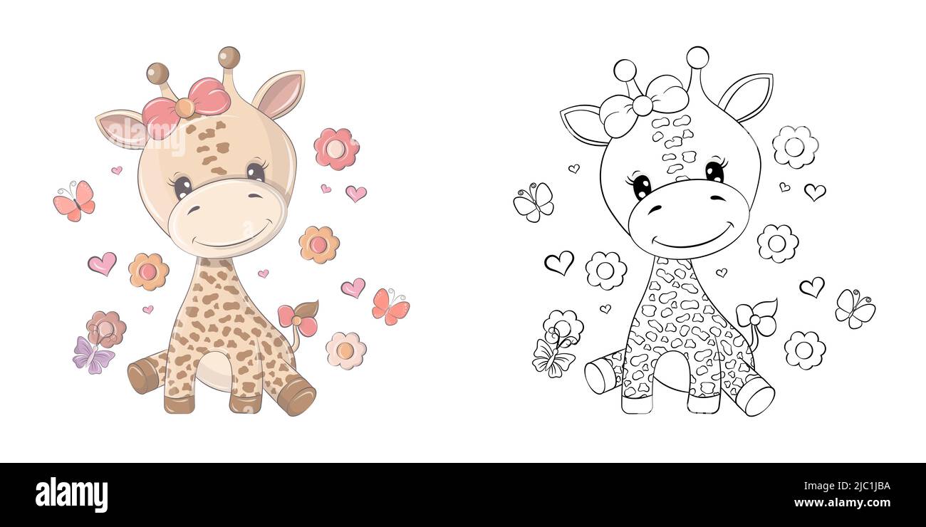 Giraffe clipart per colorare pagina e multicolore illustrazione. Baby clip Art giraffa con fiori. Illustrazione di un animale per colorare le pagine Illustrazione Vettoriale