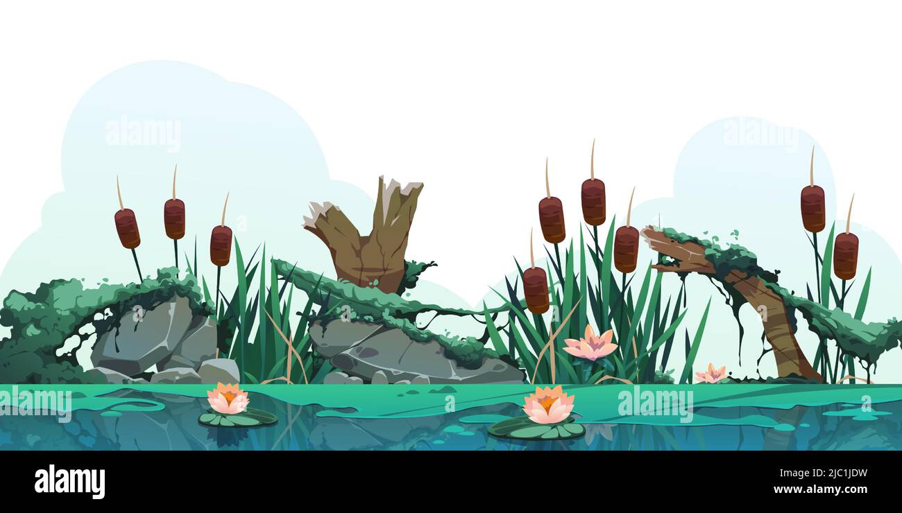 Illustrazione della lamella della palude. Sfondo di paludi cartoon con piante di cratello, rocce di muschio e tronchi, zone umide di campagna o lago. Illustrazione vettoriale Illustrazione Vettoriale