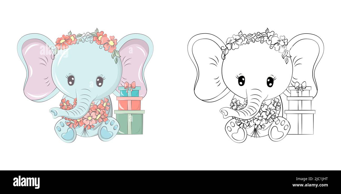 Elephant Clipart per colorare pagina e multicolore Illustrazione. Baby clip Art Elephant con confezioni regalo. Illustrazione vettoriale di un animale per Illustrazione Vettoriale