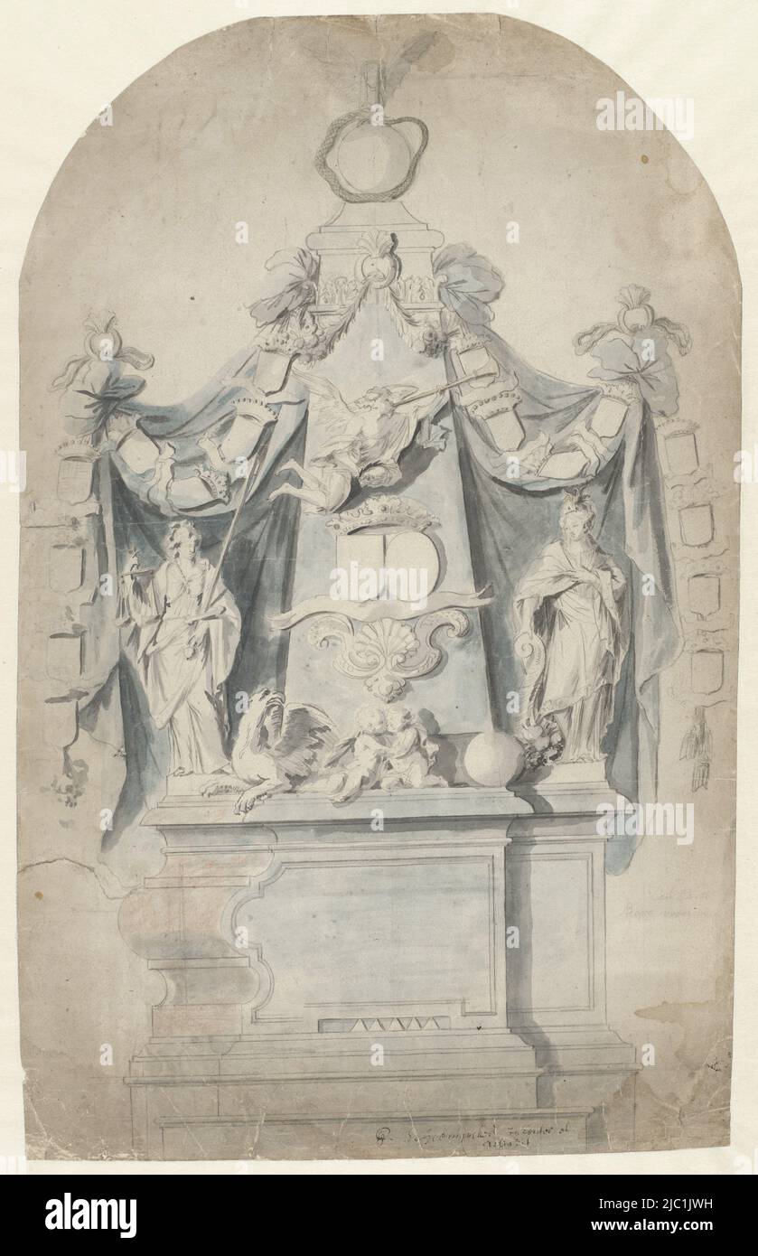 Disegno per un monumento funerario con Justitia, Fama e Abundantia, disegnatore: Pieter Scheemaeckers (i), , 1650 - 1714, carta, pennello, a 645 mm x l 406 mm Foto Stock