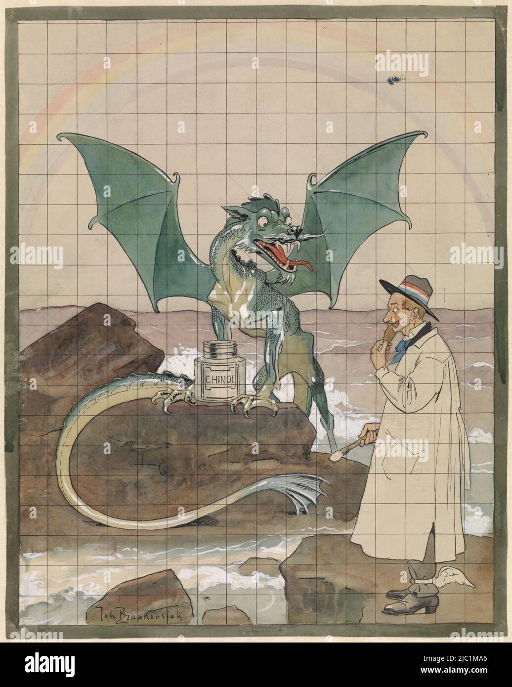 Possibile disegno per una stampa, artista con drago da un vaso di Chinol, disegnatore: Johan Braakensiek, 1868 - 1940, carta, penna, spazzola, a 497 mm x l 395 mm Foto Stock