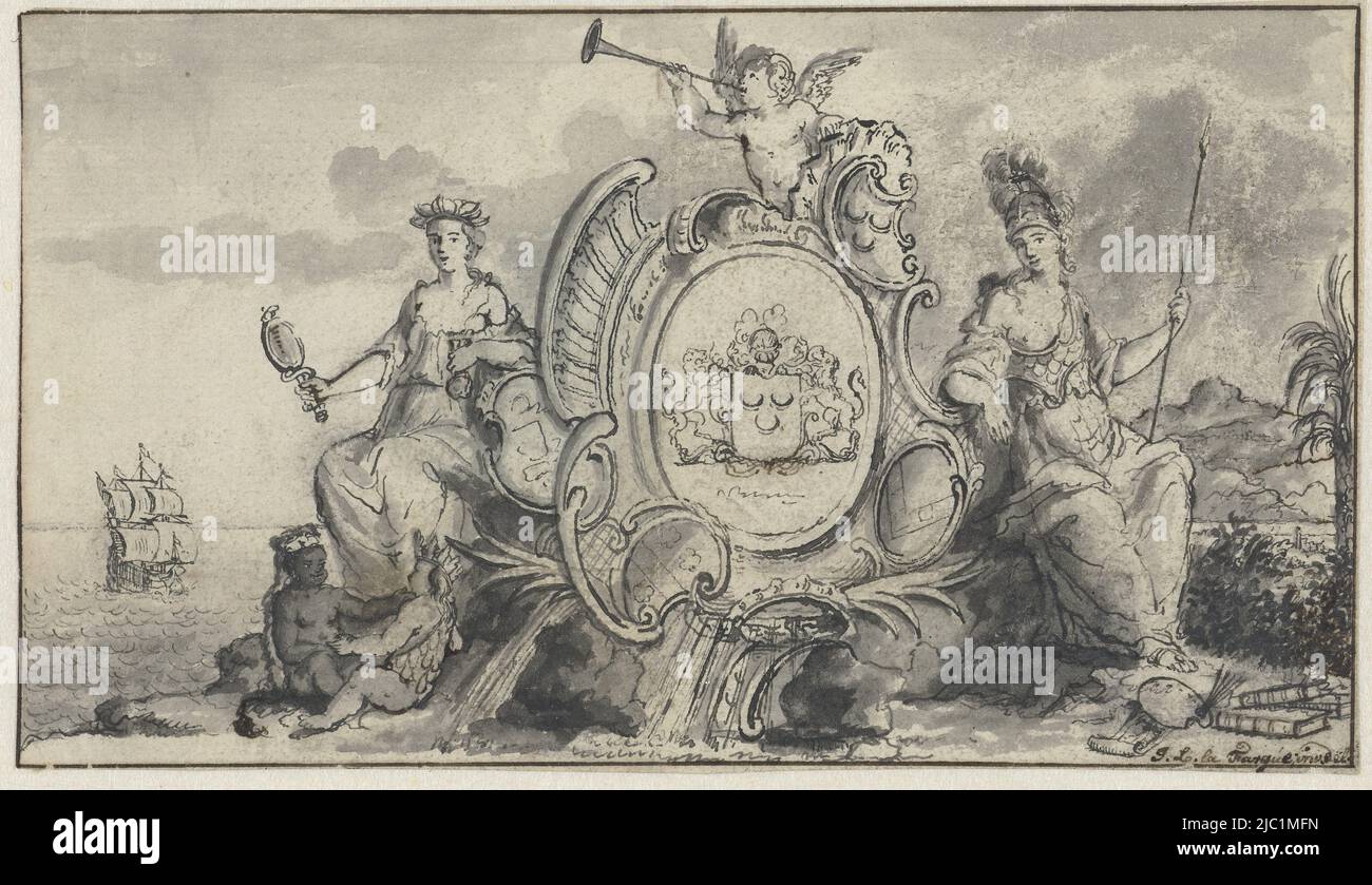 Performance allegorica con Prudentia e Minerva come Patrona d'Arte e di Scienza, due bambini come personificazioni d'Africa e d'America, performance allegorica con Prudentia, Minerva e due bambini, disegnatore: Isaac Lodewijk la Fargue van Nieuwland, 1736 - 1805, carta, penna, pennello, a 85 mm x l 147 mm Foto Stock