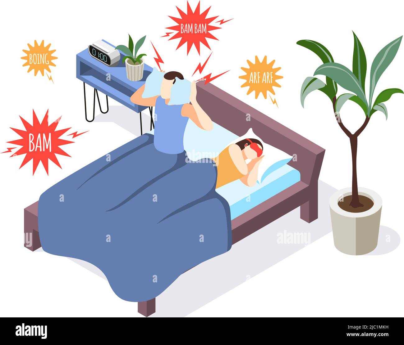 Rumore inquinamento isometrico di fondo composizione con uomo insonne in letto chiusura orecchie contro fastidiosi suoni icone illustrazione vettoriale Illustrazione Vettoriale