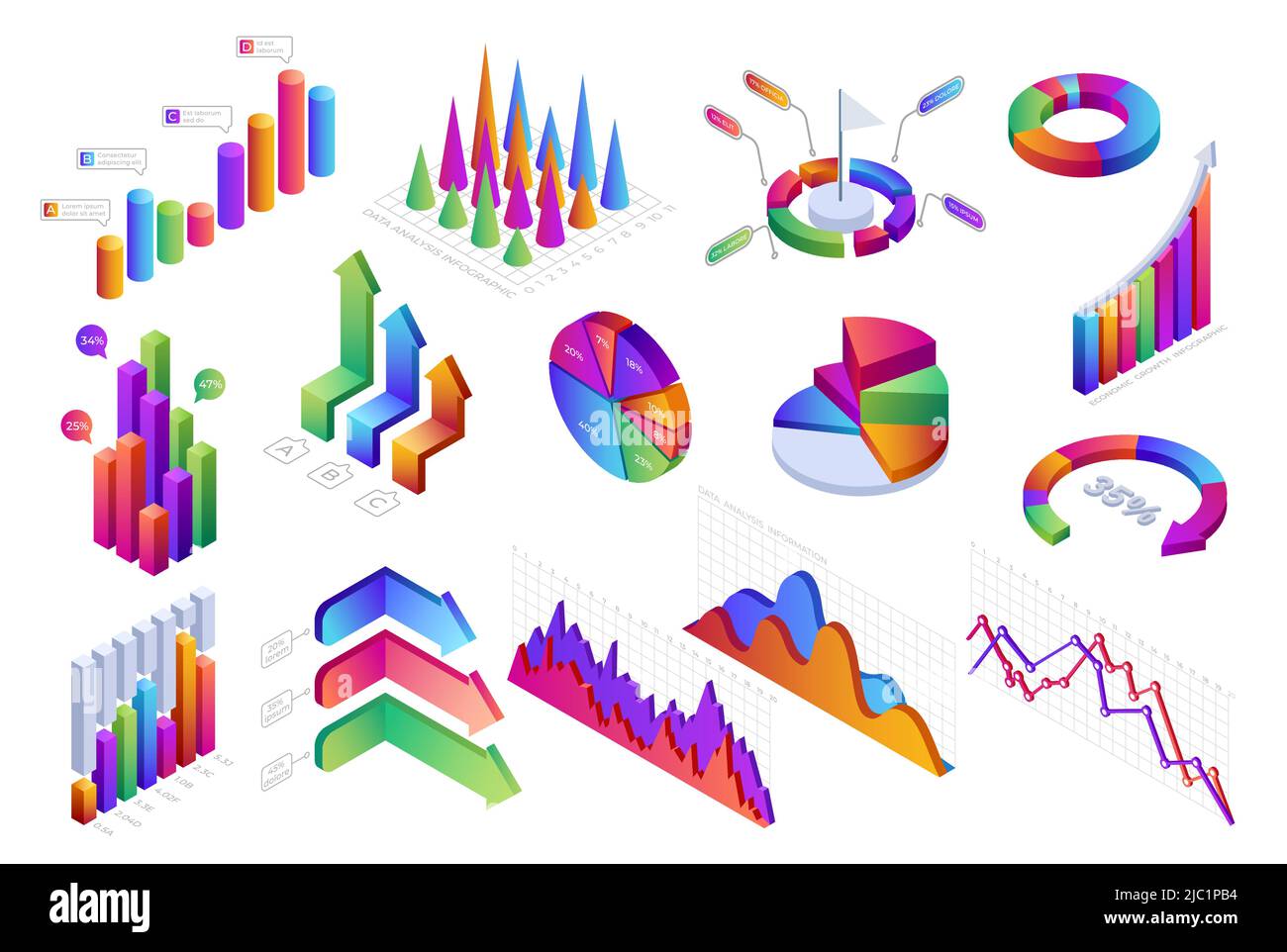 Infografica isometrica. 3D diagrammi, grafici, barre e grafici di avanzamento, statistiche e analitiche di business e finance. Layout di presentazione vettoriale con Illustrazione Vettoriale