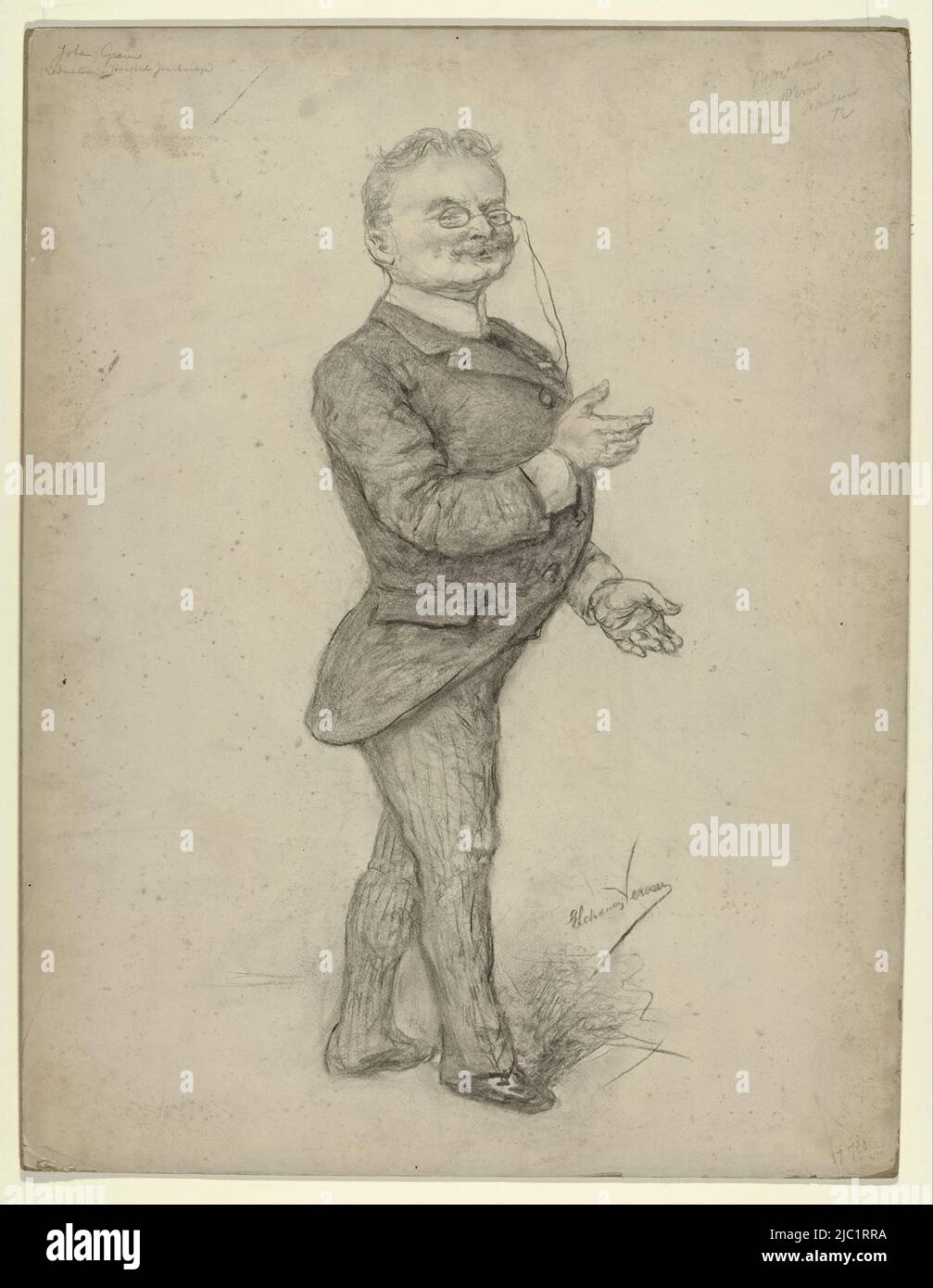 Ritratto caricaturale di Johan Gram (1833-1913), critico d'arte, scrittore e redattore Haagsch Jaarboekje., ritratto caricaturale di Johan Gram, disegnatore: Elchanon Verveer, (menzionato sull'oggetto), 1860 - 1899, carta, a 685 mm x l 525 mm Foto Stock