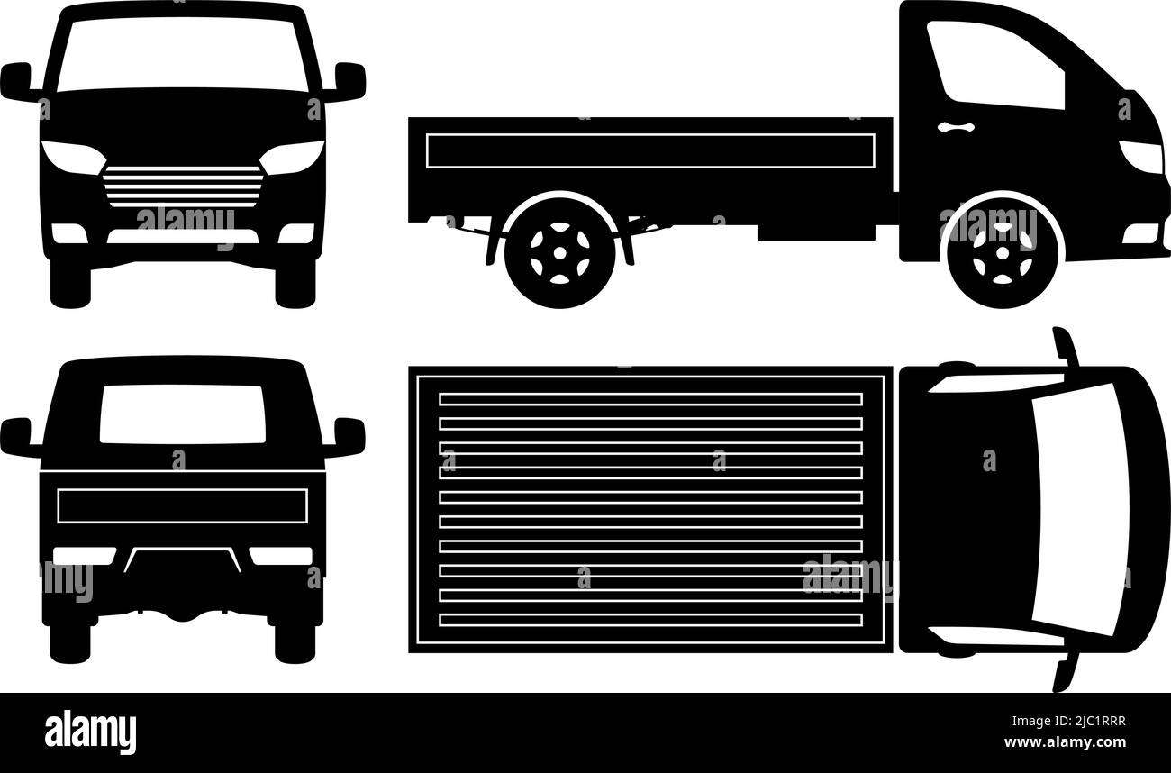 Silhouette di un piccolo camion su sfondo bianco. Le icone del veicolo consentono di impostare la vista laterale, anteriore, posteriore e superiore Illustrazione Vettoriale