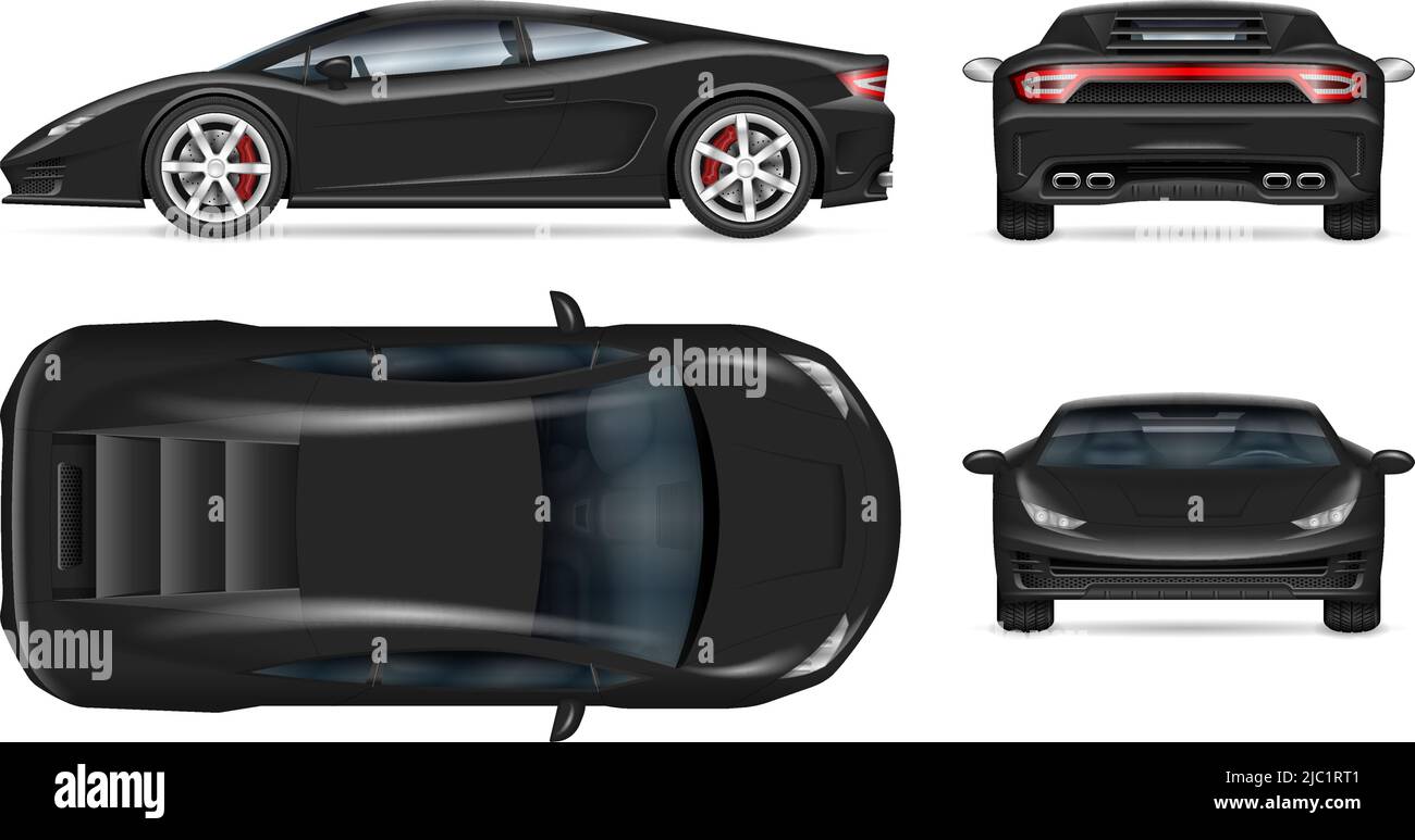 Mockup vettoriale per auto sportive su sfondo bianco per il marchio del veicolo, identità aziendale. Tutti gli elementi dei gruppi su livelli separati per una facile modifica Illustrazione Vettoriale