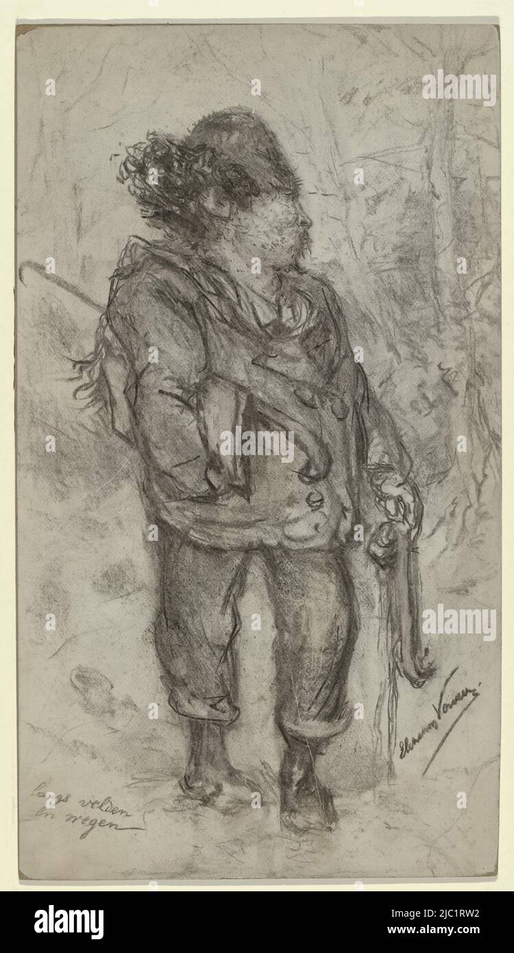 Ritratto in caricatura del pittore Gerardus Johannes Roermeester (1844-1936) in abbigliamento invernale, con pattinaggio, bastone da passeggio e portafoglio disegno nel paesaggio, ritratto in caricatura di Gerardus Johannes Roermeester., disegnatore: Elchanon Verveer, (menzionato in oggetto), 1860 - 1899, carta, a 605 mm x l 342 mm Foto Stock