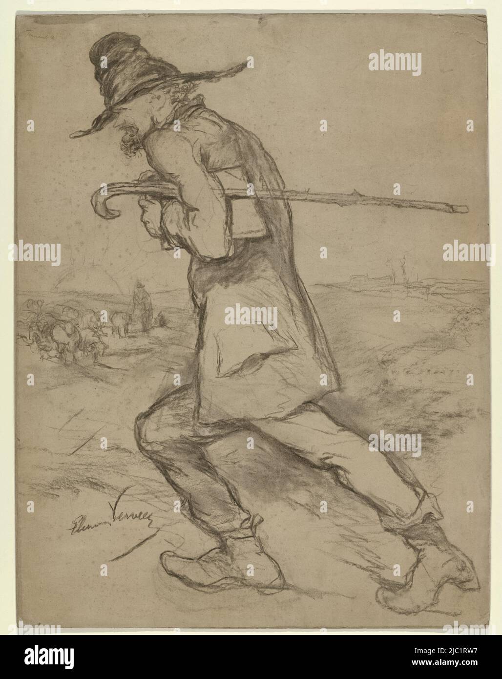 Ritratto in caricatura del pittore Francois Pieter ter Meulen (1843-1927), con il suo portafoglio di disegno sotto il braccio che cammina nel paesaggio verso il suo soggetto abituale: Un gregge di pecore, ritratto in caricatura di Francois Pieter ter Meulen, disegnatore: Elchanon Verveer, (menzionato in oggetto), 1860 - 1899, carta, a 698 mm x l 532 mm Foto Stock