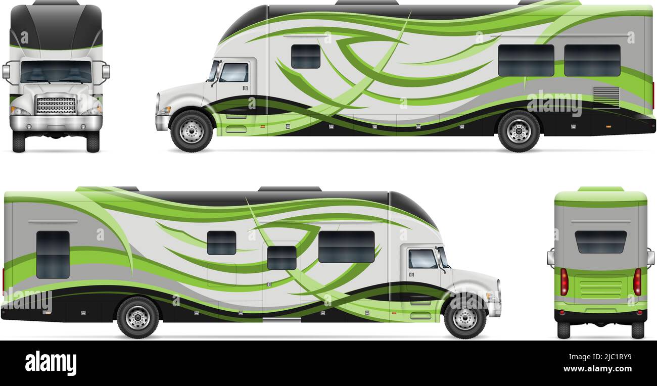 RV Motorhome Vector mockup su bianco per il branding dei veicoli, identità aziendale. Tutti gli elementi dei gruppi su livelli separati per una facile modifica Illustrazione Vettoriale