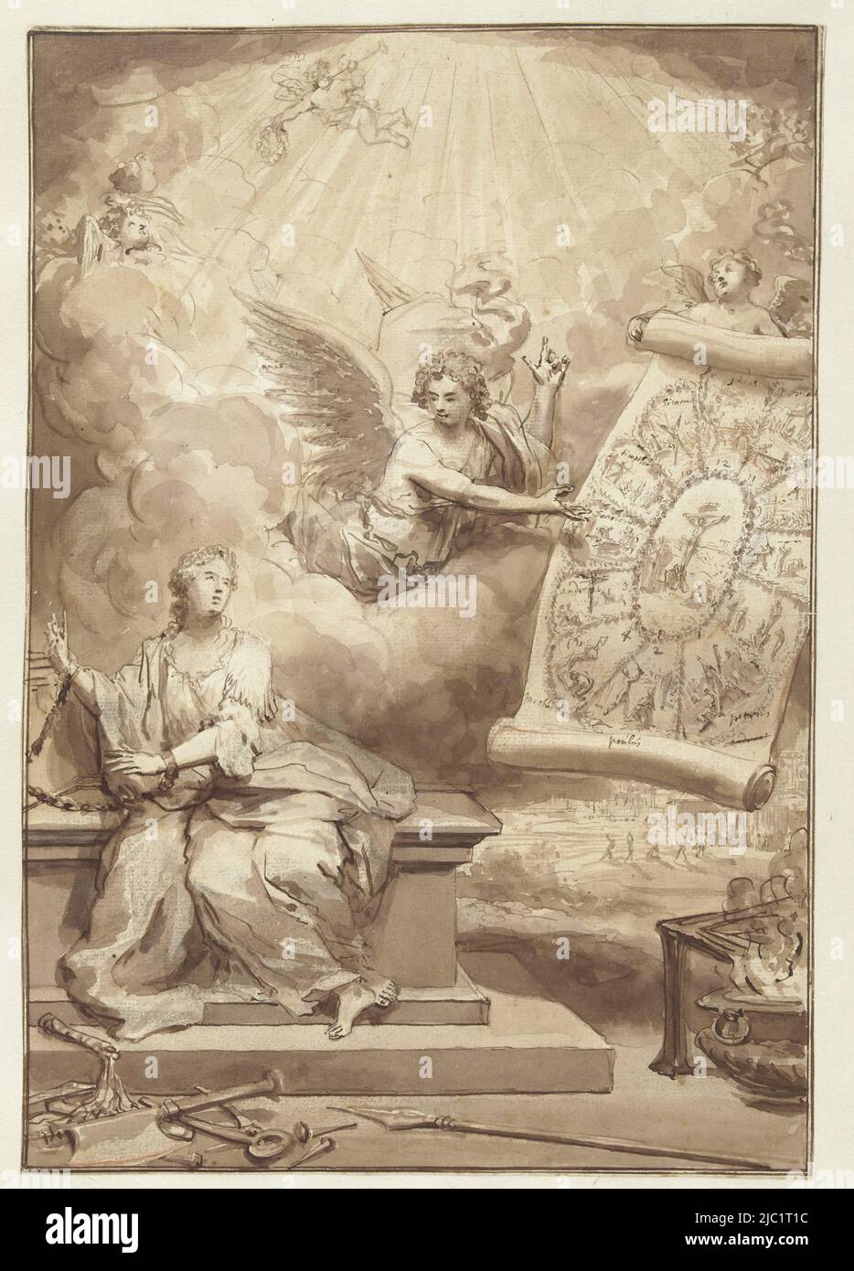 Un angelo mostra le immagini della chiesa incatenata del martirio di Cristo e dei dodici Apostoli, disegno di frontespizio per il nuovo Testamento, disegnatore: Filippo Tidemann, c.. 1700, kaderlijn, :, penna, spazzola, a 357 mm x l 245 mm Foto Stock