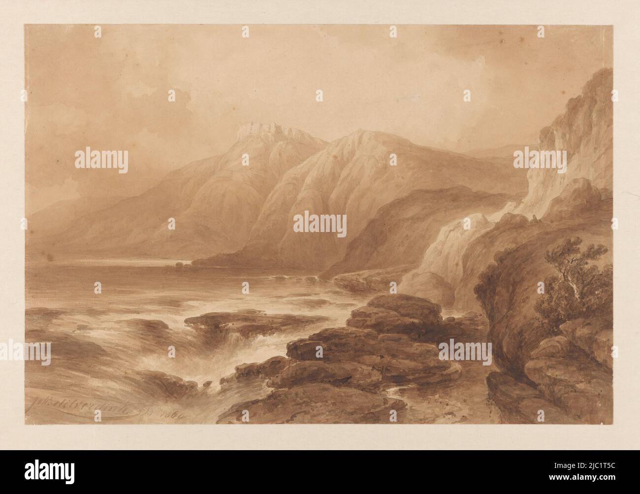Vista di un alto litorale roccioso, con una fortezza su una delle cime della montagna, disegnatore: Johannes Hilverdink, (menzionato sull'oggetto), 1860, carta, spazzola, a 351 mm x l 515 mm Foto Stock
