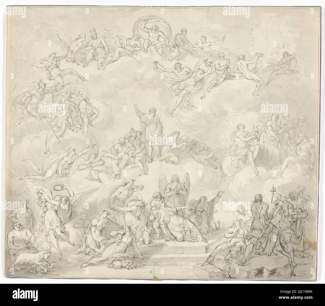 Apoteosi di un poeta (medio) circondata da figure allegoriche e dèi antichi (alto), Apoteosi di un poeta, carta, penna, h 368 mm x w 423 mm Foto Stock