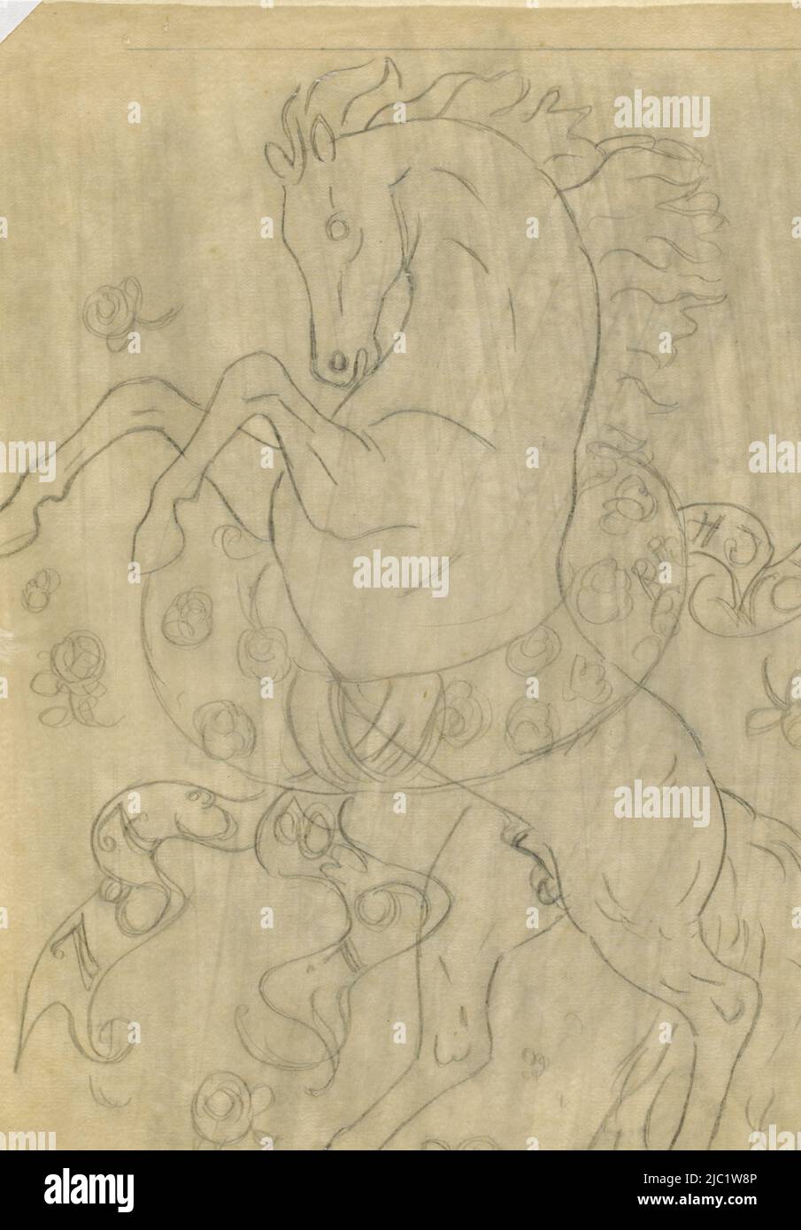 Cavallo levante, in piedi sulle gambe posteriori con ghirlanda decorativa di fiori intorno al ventre, senza titolo cavallo levante con ghirlanda decorativa di fiori, disegnatore: Leo Gestel, 1930 - 1938, carta, h 310 mm x w 214 mm Foto Stock