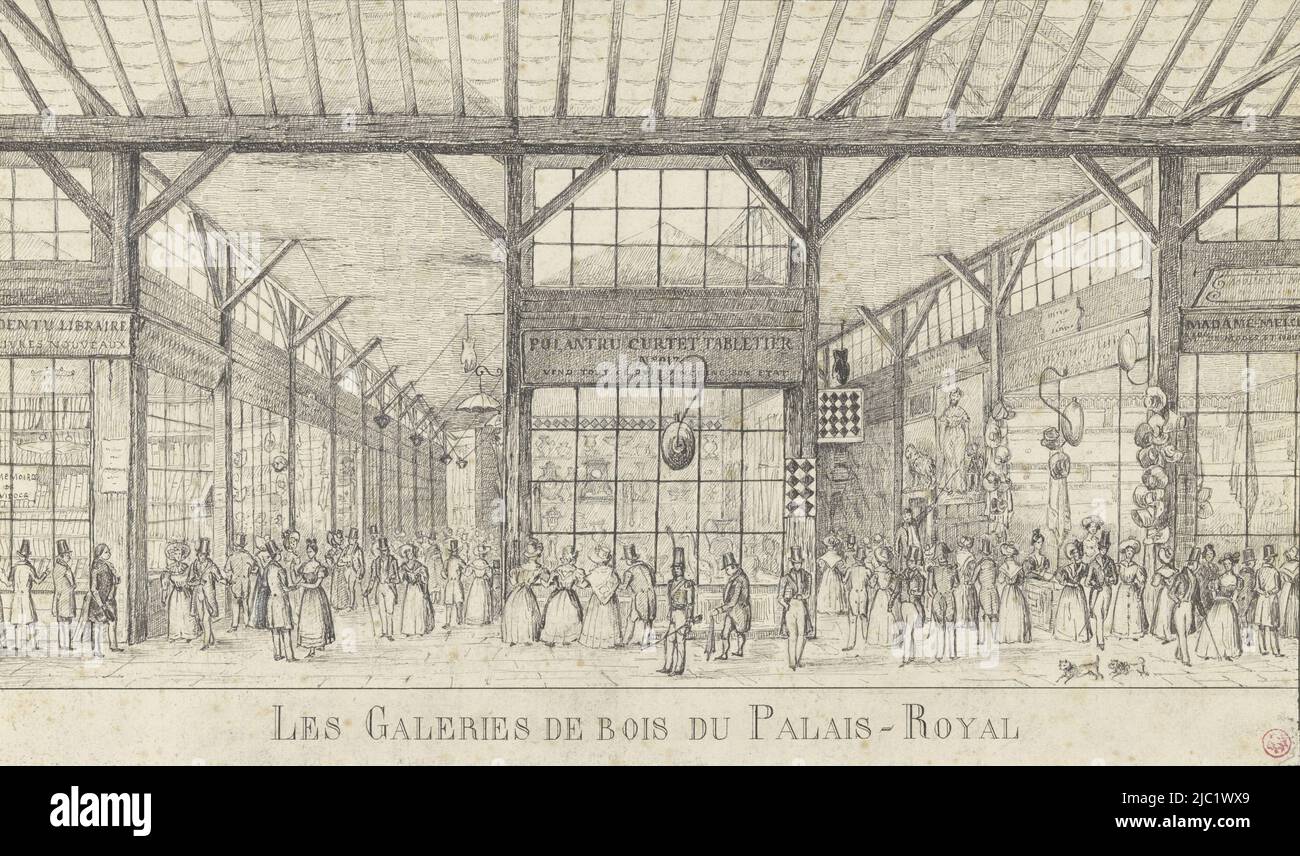 Vista della trafficata galleria di shopping con all'angolo a sinistra la libreria di Dentu, interno della Galerie de Bois accanto al Palais-Royal a Parigi Les Galeries de Bois, disegnatore: anonimo, 1800 - 1899, carta, penna, a 223 mm x l 379 mm Foto Stock