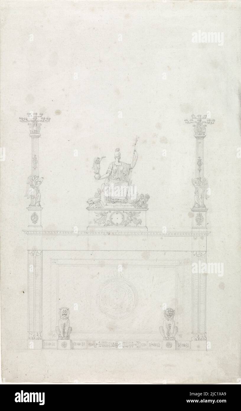 Design per un mantelpiece con cineti, un pendolo coronato dalla dea Roma seduta sui sette Colli, e candelabra, design per, tra le altre cose, un mantelpiece con cineti., disegnatore: Firma Feuchère, Francia, c.. 1810, carta, h 346 mm x l 216 mm Foto Stock