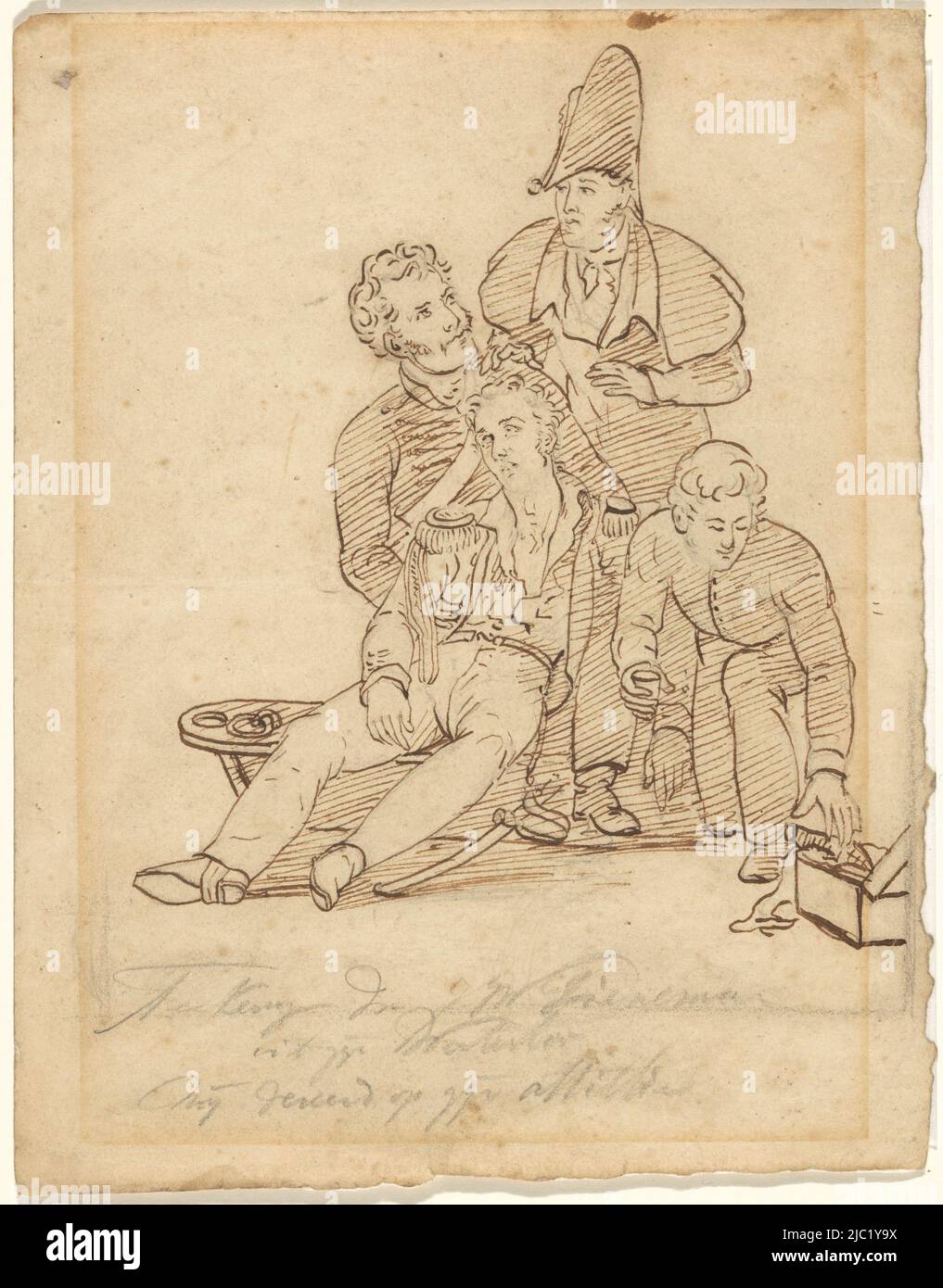 Studio preliminare per il gruppo nell'angolo destro della 'Battaglia di Waterloo', colonnello britannico Sir William Howe de Lancey è curato dopo la sua ferita., pittore: Jan Willem Pieneman, Amsterdam, 1823 - 1824, carta, h 201 mm x w 156 mm Foto Stock