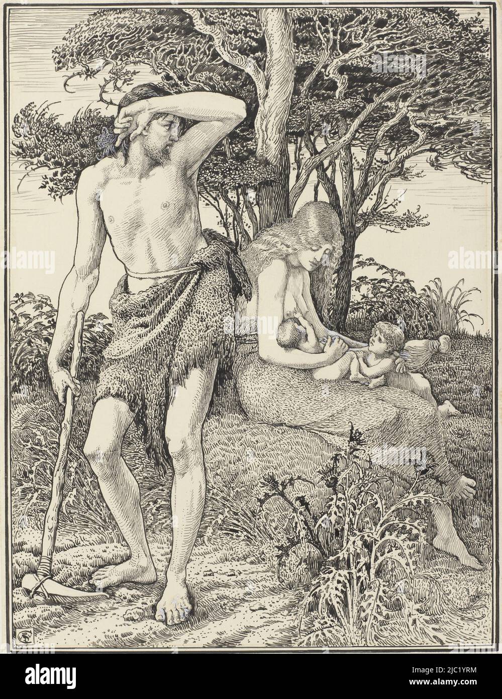 Adamo riposa mentre lavora la terra e guarda indietro Eva che partorisce uno dei suoi due figli, Adamo ed Eva., disegnatore: Walter Crane, (firmato dall'artista), 1855 - 1915, carta, penna, h 418 mm x l 317 mm Foto Stock