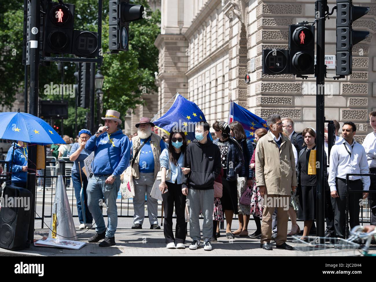 Westminster, Londra, Regno Unito. 8th giugno 2022. Steve Bray, noto come Stop Brexit, continua ad attivista pro Europe, oggi protestava al di fuori del Parlamento insieme ad altri rimasti e invitano il primo Ministro Boris Johnson a dimettersi. Credit: Maureen McLean/Alamy Live News Foto Stock