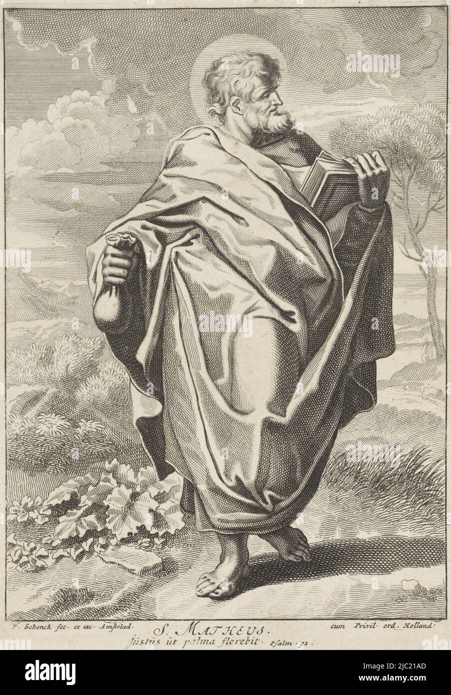 L'apostolo Matteo in piedi in un paesaggio con un libro e un sacco di soldi nelle sue mani. Sotto la scena un riferimento a PS. 92 in latino, l'apostolo Matteo Cristo, Maria e i dodici apostoli (titolo della serie), stampatore: Pieter Schenk (i), (menzionato sull'oggetto), editore: Pieter Schenk (i), (menzionato sull'oggetto), Staten van Holland, (menzionato sull'oggetto), Amsterdam, 1670 - 1711, carta, incisione, incisione, h 250 mm x l 174 mm Foto Stock