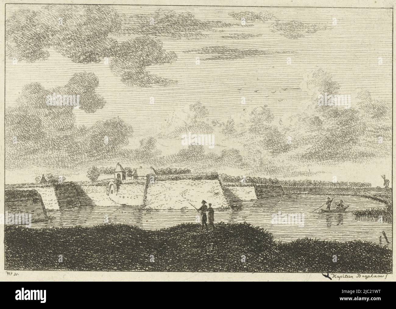 Vista dei bastioni a Naarden, Olanda., tipografia: Ernst Willem Jan Bagelaar, (menzionato sull'oggetto), Paesi Bassi, 1798 - 1837, carta, incisione, h 93 mm x l 126 mm Foto Stock