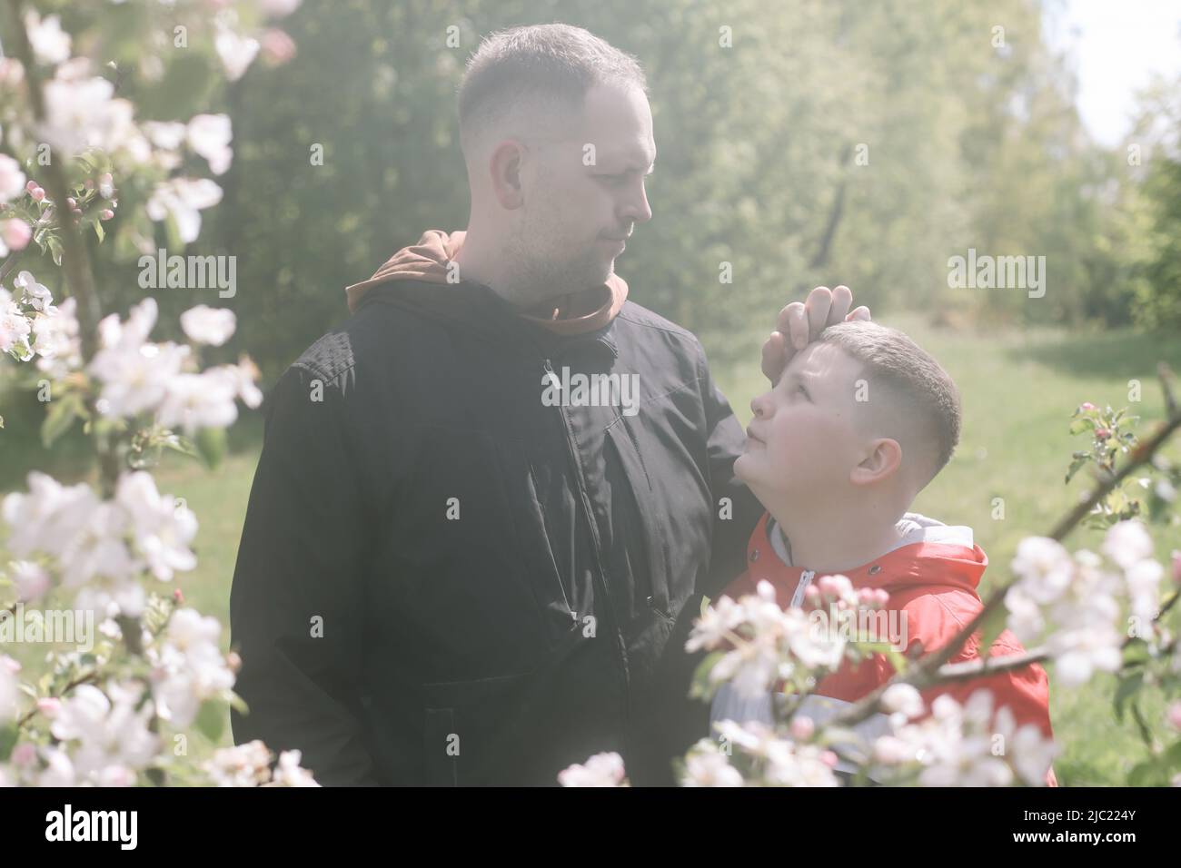Ragazzo adolescente con padre insieme nel parco in primavera Foto Stock