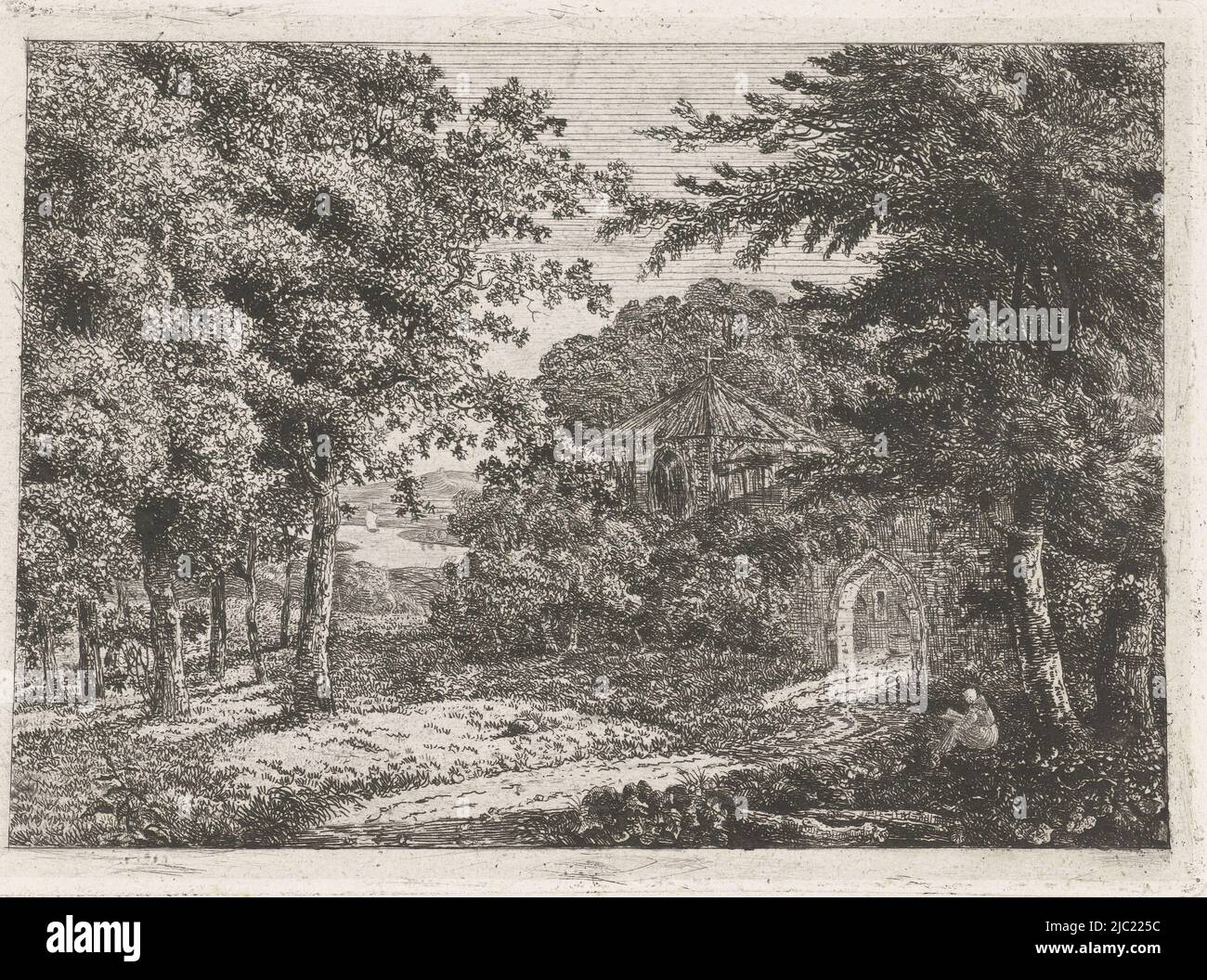 Paesaggio con cappella tra alberi e monaco da lettura, tipografia: Adriaan Jacob Willem van Dielen, Paesi Bassi, 1782 - 1812, carta, incisione, a 122 mm x l 168 mm Foto Stock Paesaggio con cappella tra alberi e monaco da lettura, tipografia: Adriaan Jacob Willem van Dielen, Paesi Bassi, 1782 - 1812, carta, incisione, a 122 mm x l 168 mm Foto Stock