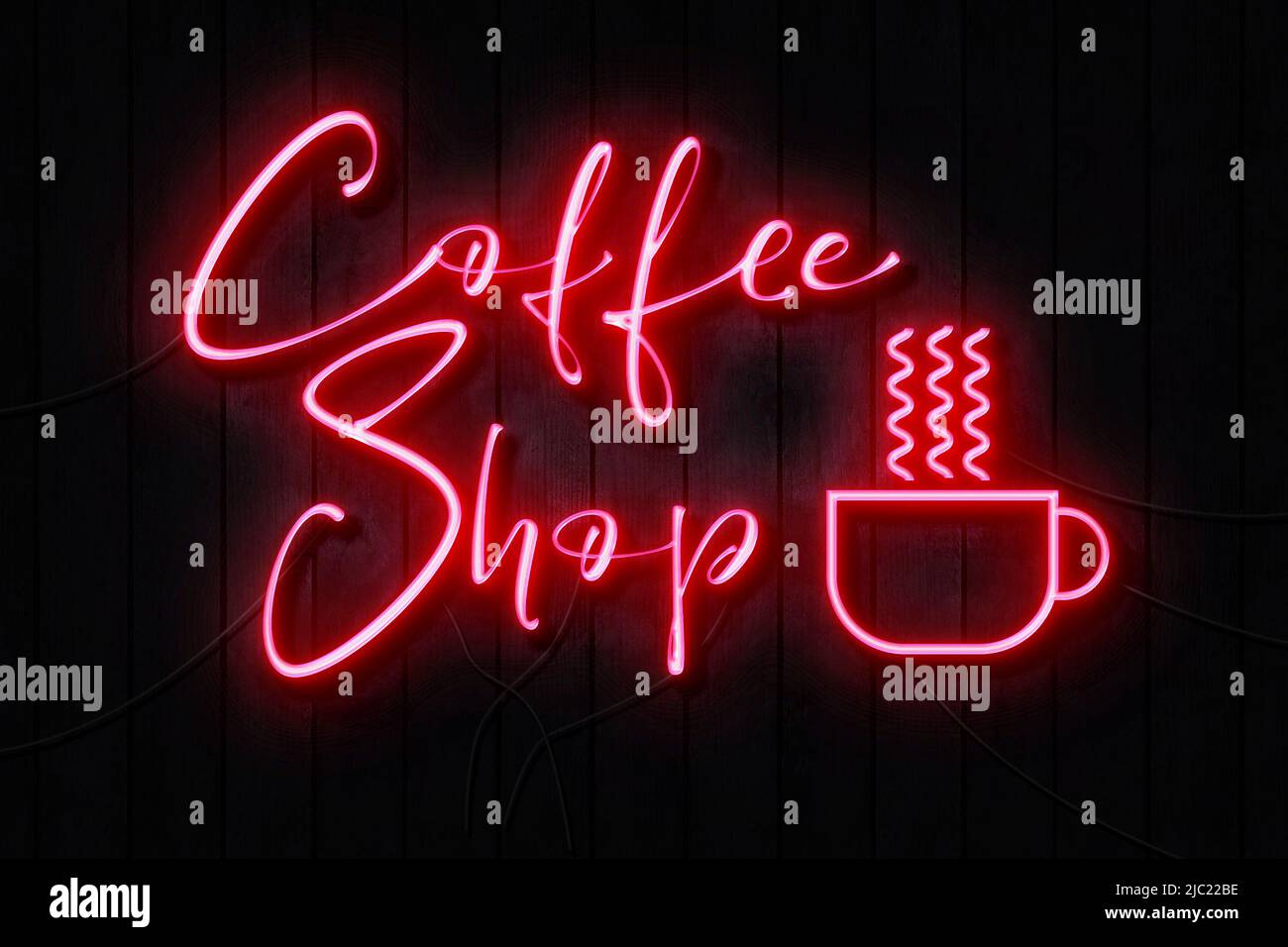 Coffee Shop Neon Sign on a Dark Wooden Wall Foto Stock