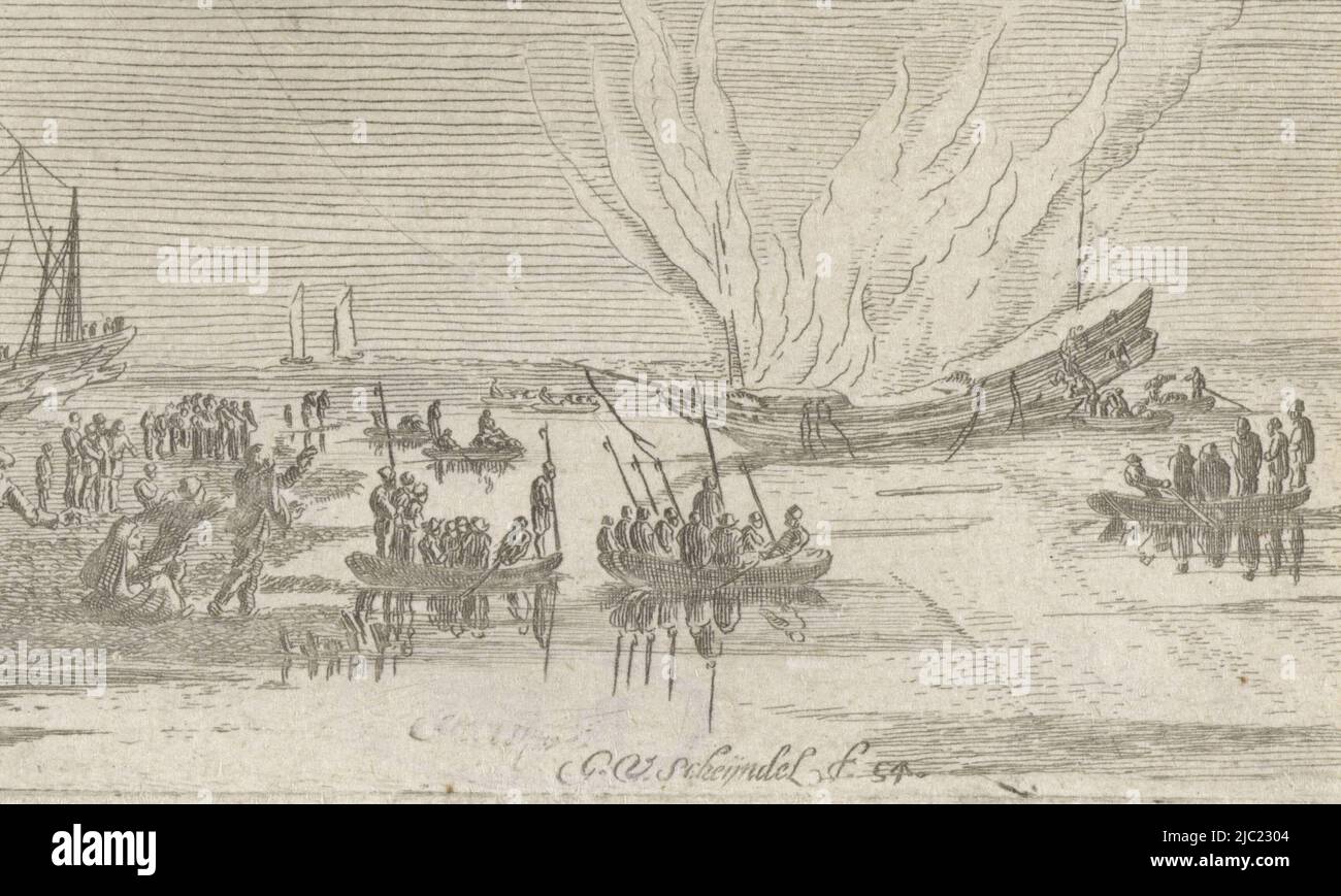 Una nave in fiamme circondata da diverse chiatte. A distanza, le cifre sono a guardare., Burning Ship, tipografo: Gillis van Scheyndel (i), (menzionato in oggetto), Paesi Bassi, 1605 - 1653, carta, incisione, h 52 mm x l 88 mm Foto Stock
