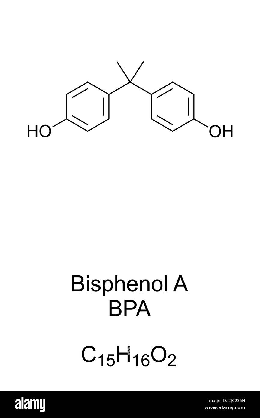 Bisfenolo A, BPA, formula chimica e struttura scheletrica. Composto chimico utilizzato nella fabbricazione di varie materie plastiche. Foto Stock