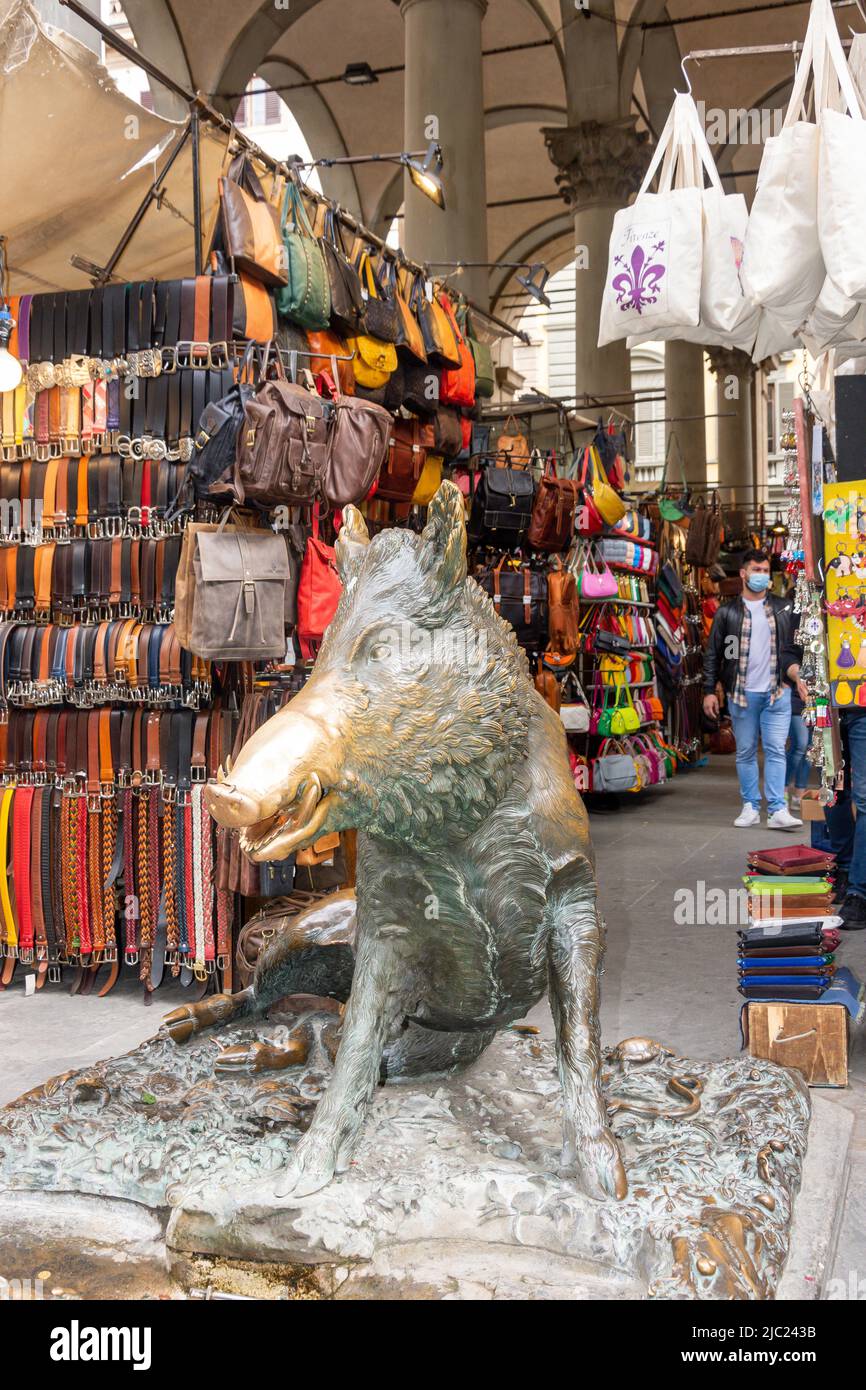 La statua del Pig di Bronzo (il Porcellino), il nuovo mercato (mercato nuovo) Firenze (Firenze), Regione Toscana, Italia Foto Stock