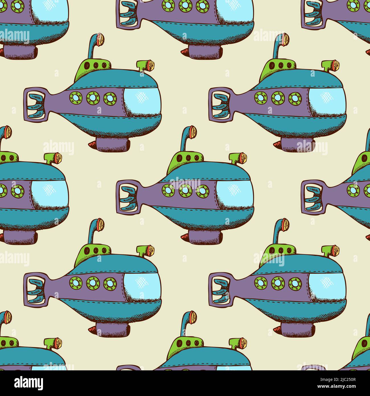 Modello sottomarino senza cuciture piatto. Sfondo con trasporto subacqueo. Illustrazione vettoriale Illustrazione Vettoriale