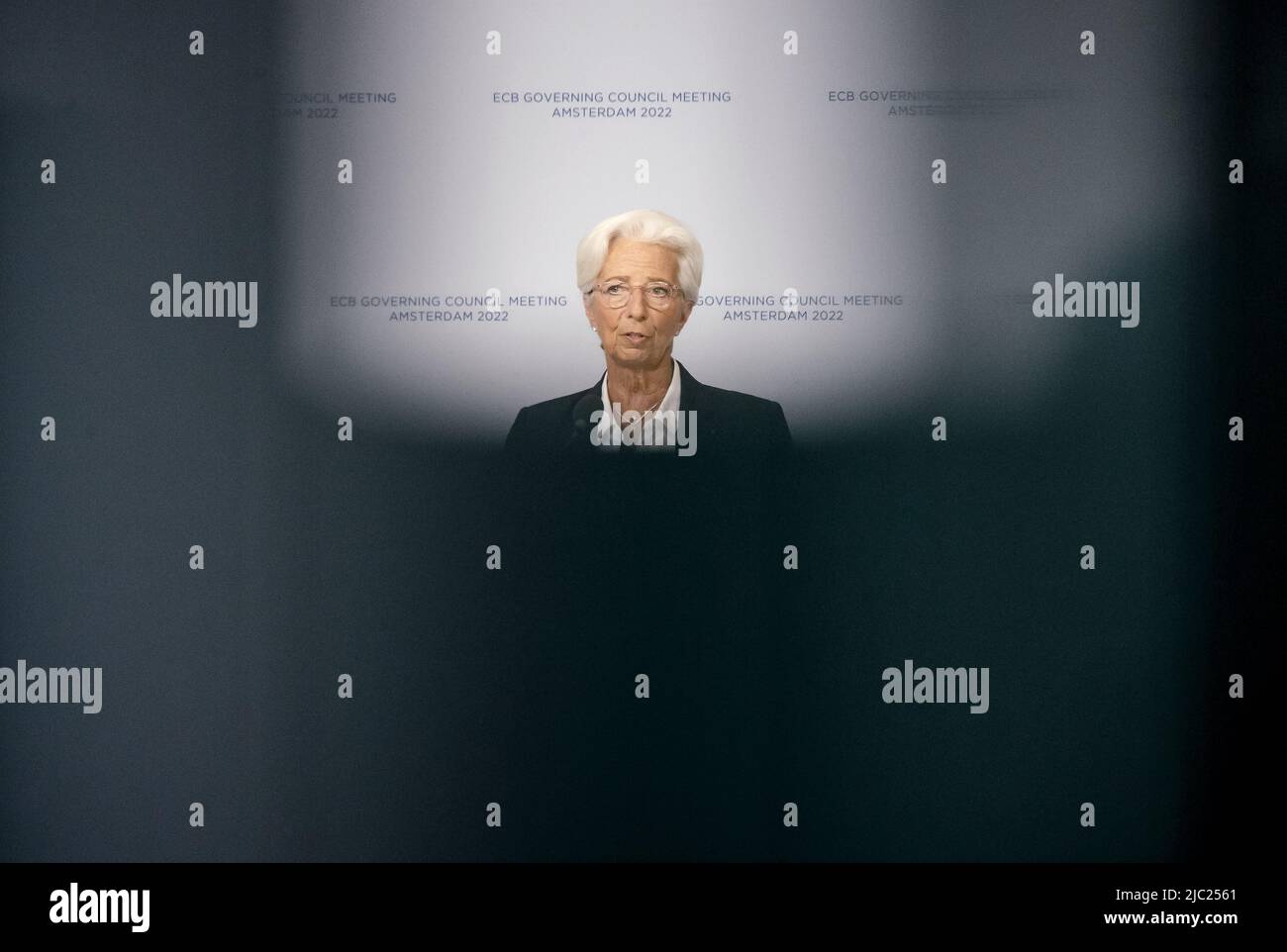 2022-06-09 14:46:53 AMSTERDAM - Presidente della Banca centrale europea (BCE) Christine Lagarde durante la conferenza stampa dell'Hermitage dopo la riunione della Banca centrale europea. La banca centrale prevede di aumentare nuovamente i tassi di interesse per la prima volta dal 2011. ANP SEM VAN DER WAL uscita paesi bassi - uscita belgio Foto Stock