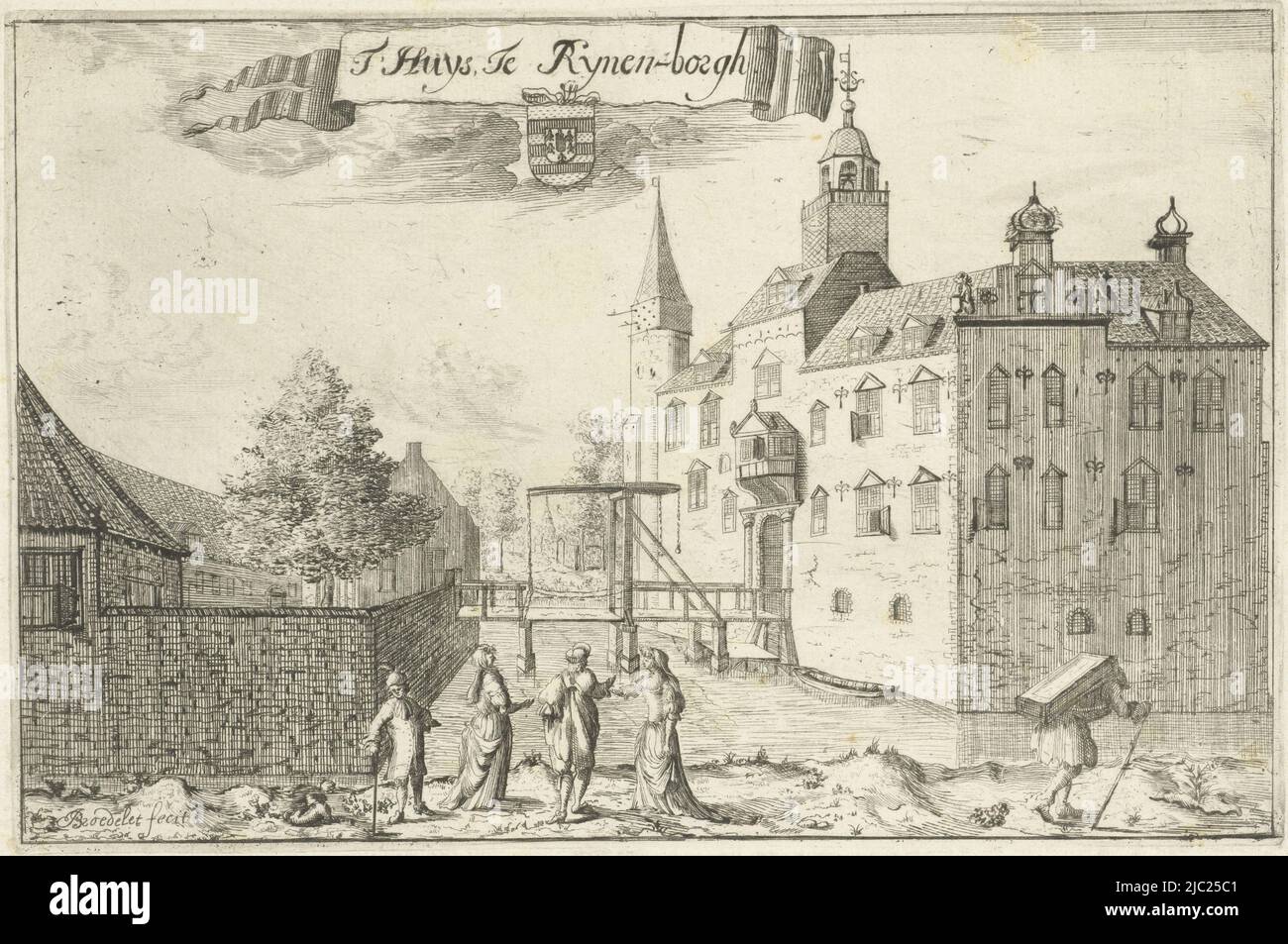 Casa o castello con ponte levatoio a Rhijnenburgh T Huys te rynen - Borgh (titolo sull'oggetto), tipografo: Jan Broedelet, (menzionato sull'oggetto), editore: Caspar Specht, 1698, carta, incisione, h 136 mm x l 204 mm Foto Stock