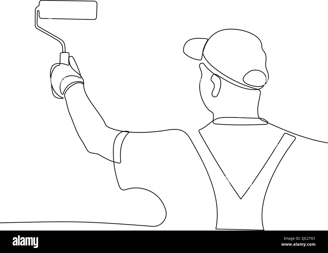 Disegno continuo di una linea di mano umana tiene pennelli di vernice con la lattina, pittura di pavimento, spazio vuoto per il vostro testo, banner, pubblicità o il vostro Illustrazione Vettoriale