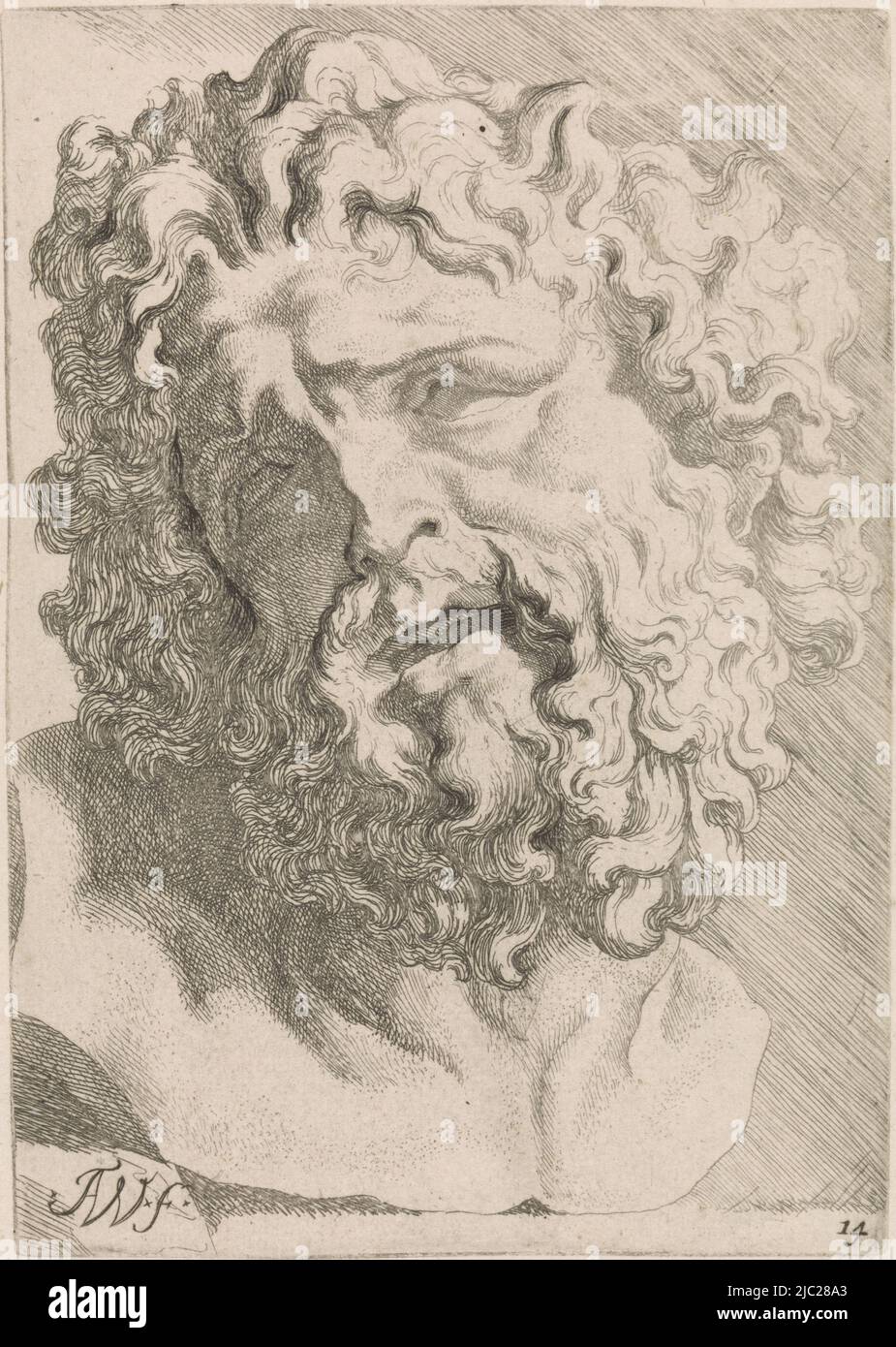 Scultura della testa di Laocon. Sulla base della figura centrale della scultura 'Gruppo Laocon' di Roma, responsabile Studi Laocon per un libro di disegni dopo sculture e figure classiche di Anthony van Dyck (titolo della serie), tipografo: Augustinus Terwesten (i), (menzionato sull'oggetto), Roma, 1672 - 1711, carta, incisione, h 163 mm x l 114 mm Foto Stock