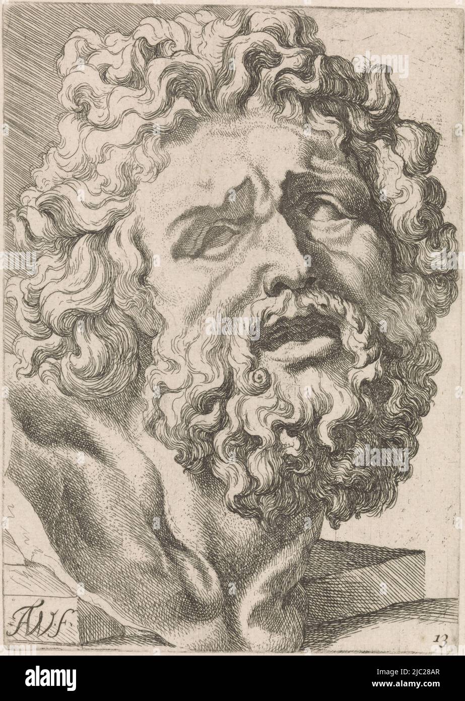 Scultura della testa di Laocon. Sulla base della figura centrale della scultura 'Gruppo Laocon' di Roma, Capo di Laocon su un piedistallo Studi per un libro di disegni dopo sculture e figure classiche di Anthony van Dyck (titolo della serie), tipografia: Augustinus Terwesten (i), (menzionato sull'oggetto), Roma, 1672 - 1711, carta, incisione, h 162 mm x l 114 mm Foto Stock
