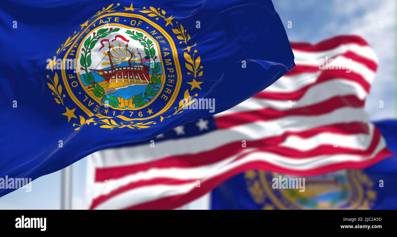 La bandiera dello stato del New Hampshire sventola insieme alla bandiera nazionale degli Stati Uniti d'America. Sullo sfondo c'è un cielo limpido. Nuovo Hampshir Foto Stock