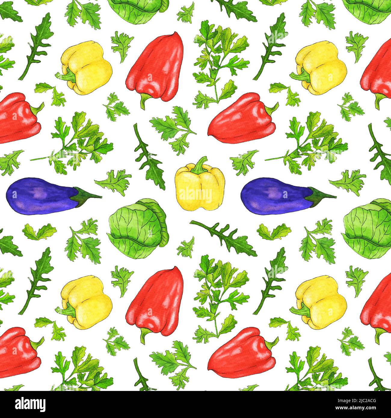 Acquerello vegetale senza cuciture su sfondo bianco. Vitamina vegetale modello con cavolo verde, Eggplant, peperone e prezzemolo. Foto Stock