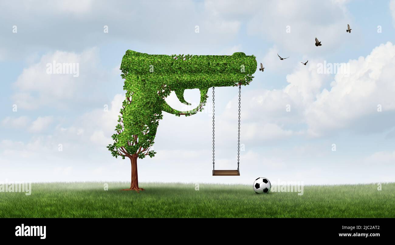 Sicurezza delle armi e bambini o concetto di crimine giovanile come un albero a forma di pistola con un'oscillazione parco giochi che rappresenta la pubblica sicurezza e gli studenti di armi da fuoco. Foto Stock