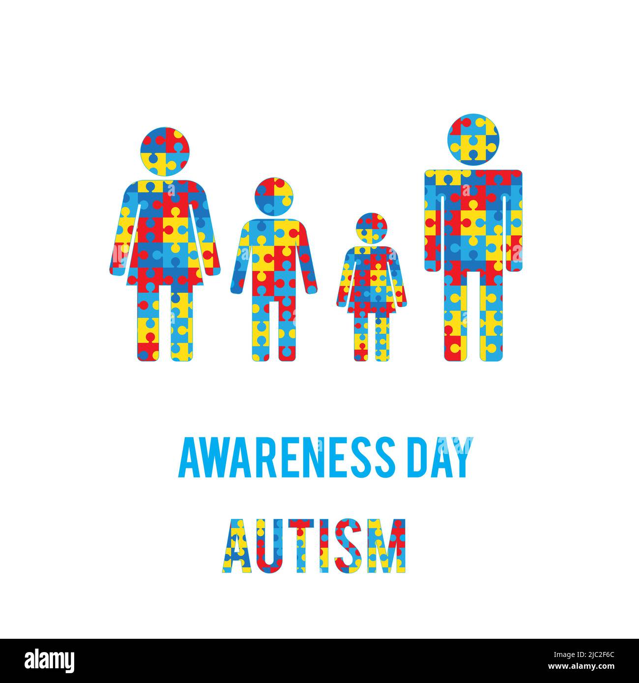 Giornata di sensibilizzazione all'autismo. Famiglia, mamma, papà, bambini. Pezzi di puzzle. Sfondo bianco. Illustrazione Vettoriale