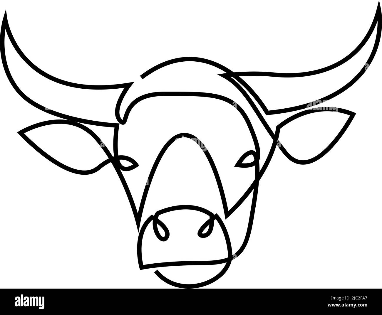 Testa di vacca in linea continua art drawing style. Horned bull ritratto minimalista nero lineare schizzo. Illustrazione vettoriale Illustrazione Vettoriale