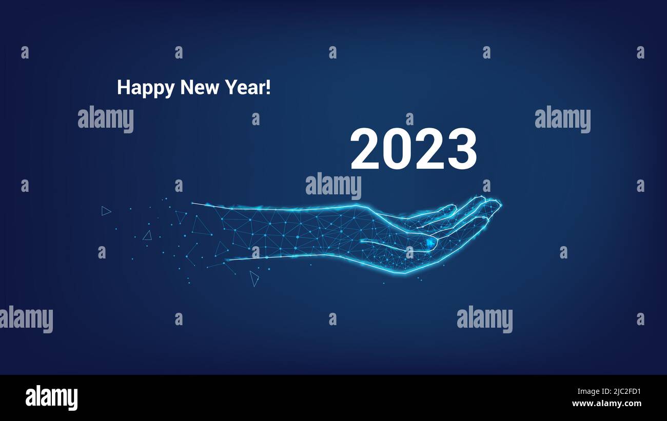 Felice Anno Nuovo. 2023 in mano da triangoli e punti su sfondo blu scuro. Illustrazione Vettoriale