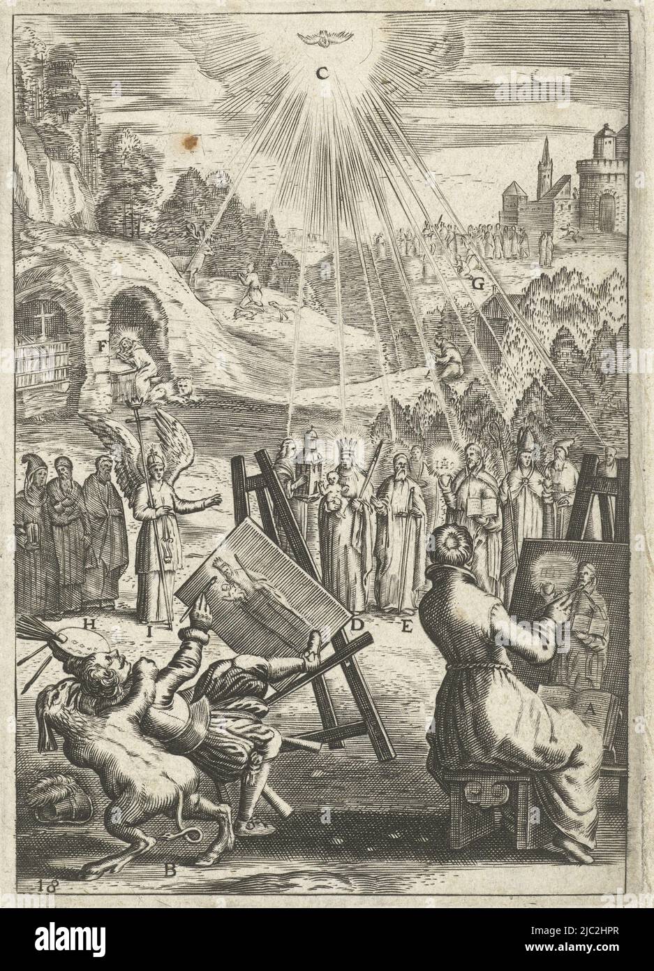 Due uomini e un clergyman siedono dietro un cavalletto e dipingono ritratti di un santo. Un angelo mostra loro un gruppo di santi dopo il cui esempio possono vivere. Il diavolo impedisce a uno degli uomini di dipingere, tirandolo da dietro il suo sgabello, Emblem con uomini che dipingono ritratti di santi per seguire il loro esempio Den Wech des eeuwich levens (titolo della serie), Boëtius Adamsz. Bolswert, tipografia: anonimo, editore: Hendrik Aertssens (II), Anversa, 1620 - 1623 e/o 1623, carta, incisione, h 133 mm x l 93 mm Foto Stock