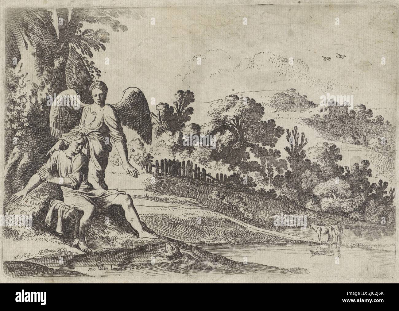 Tobias è seduto sul lato dell'acqua e flinches quando vede il pesce nell'acqua. L'angelo è in piedi dietro di lui. Numerato come II nell'angolo in basso a destra, Tobias è spaventata dal pesce la storia di Tobias (titolo della serie), stampatore: Moyses van Wtenbrouck, (menzionato sull'oggetto), editore: Broer Jansz. (Den Haag), l'Aia, 1620, carta, incisione, incisione, a 127 mm x l 185 mm Foto Stock