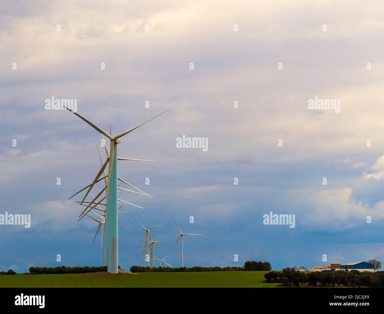 Gruppo di turbine eoliche per la produzione di energia elettrica Foto Stock