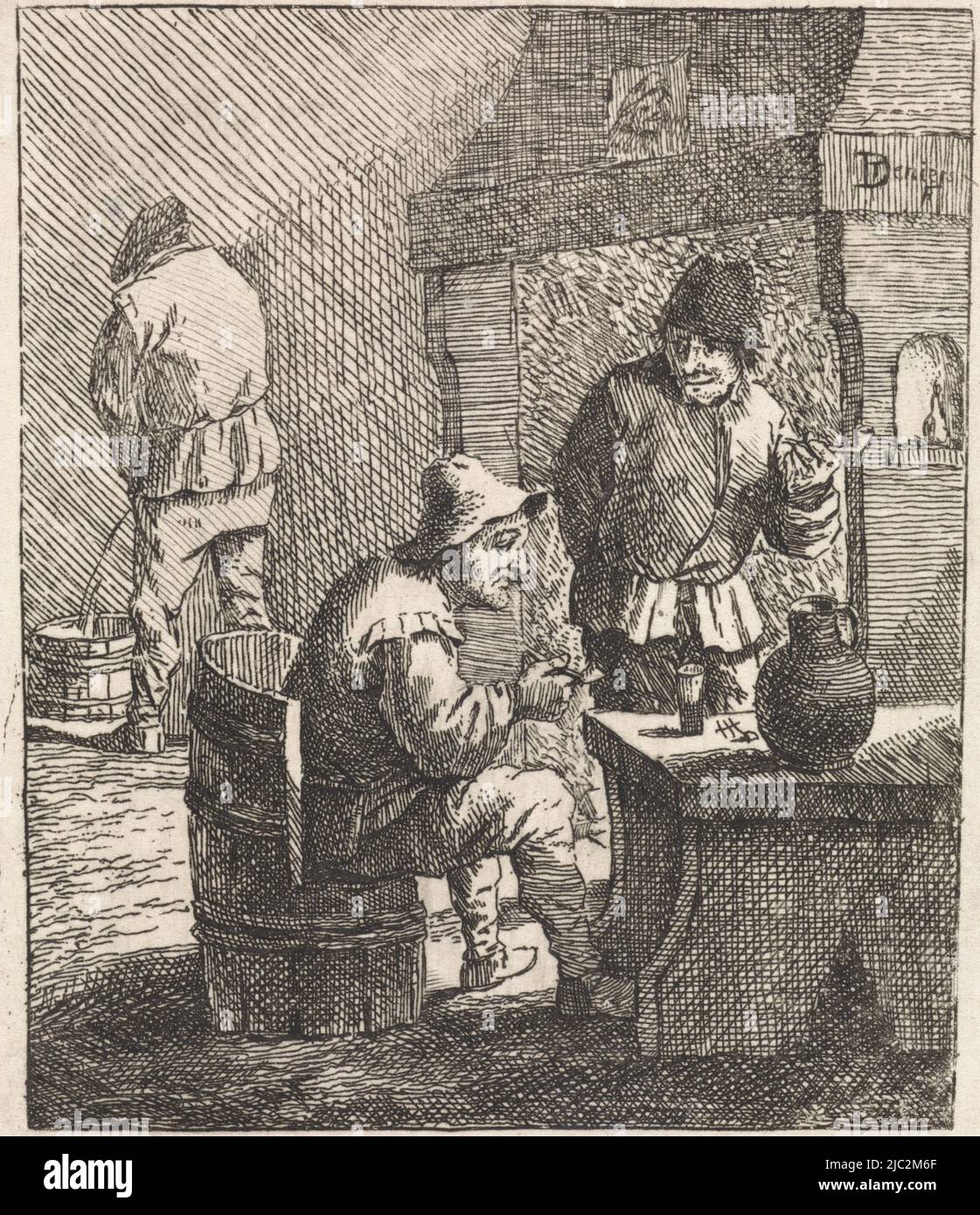 Due contadini affumicatori, uno seduto, l'altro in piedi, vicino ad un tavolo. In background, un coltivatore urinates in un secchio., due contadini fumanti da un tavolo, David Teniers (II), creatore di stampa: anonimo, 1626 - 1690, carta, incisione, h 99 mm x l 86 mm Foto Stock