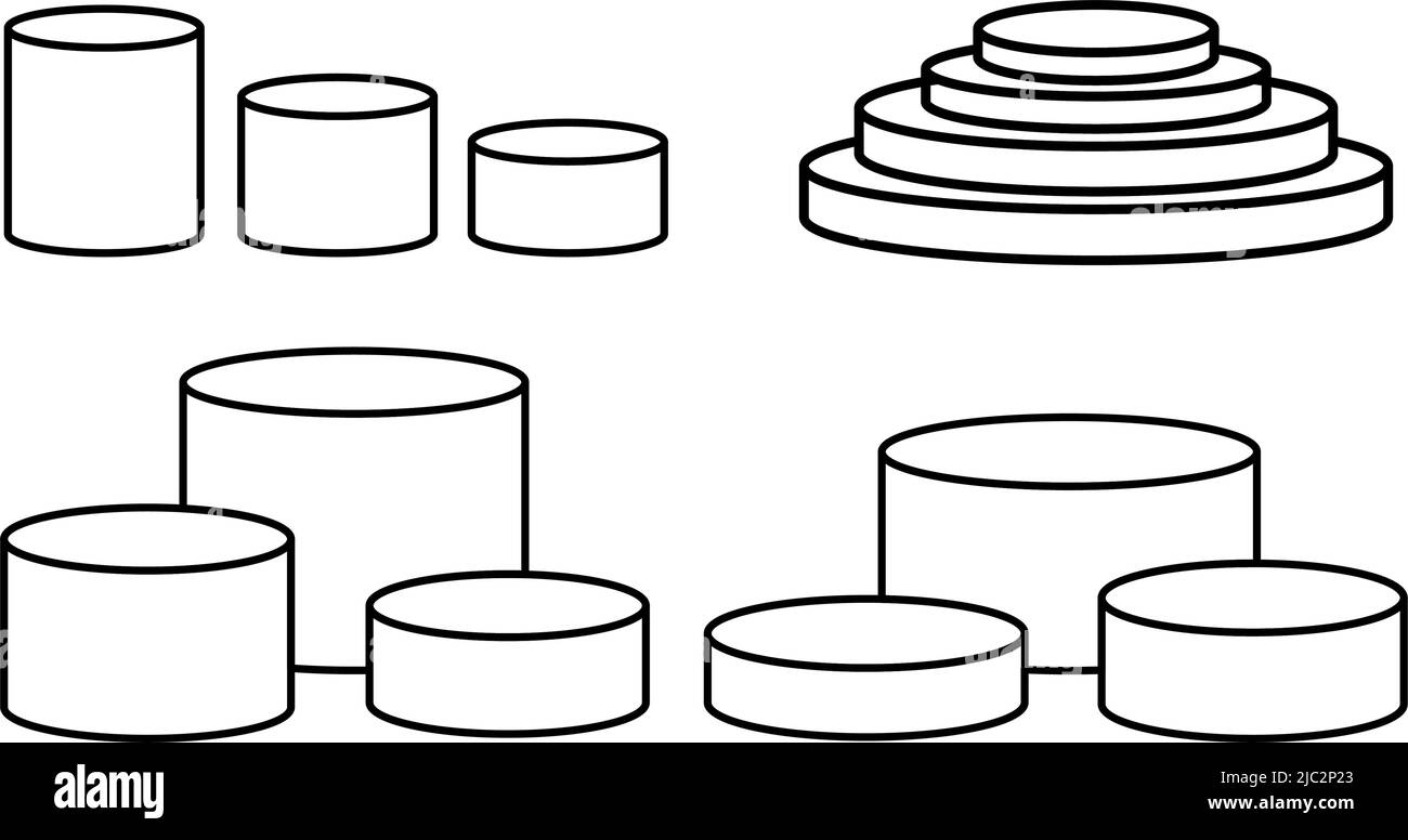 Set di righe per espositore a podium geometrico. Collezione di colonne con cilindro a forma rotonda. stand per la presentazione dei prodotti della piattaforma 3d. Forma vettoriale astratta per i prodotti visualizza lo sfondo della presentazione. Illustrazione Vettoriale